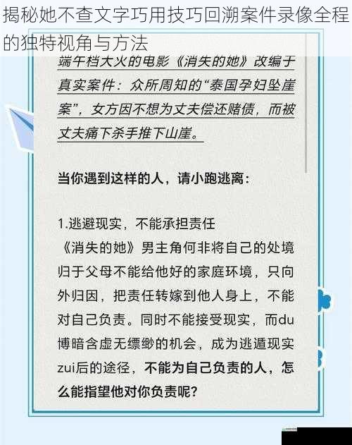 揭秘她不查文字巧用技巧回溯案件录像全程的独特视角与方法